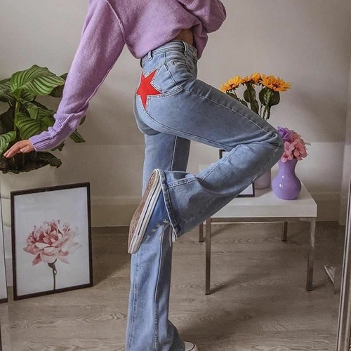 Blue Flare Jeans Denim Pants Women 