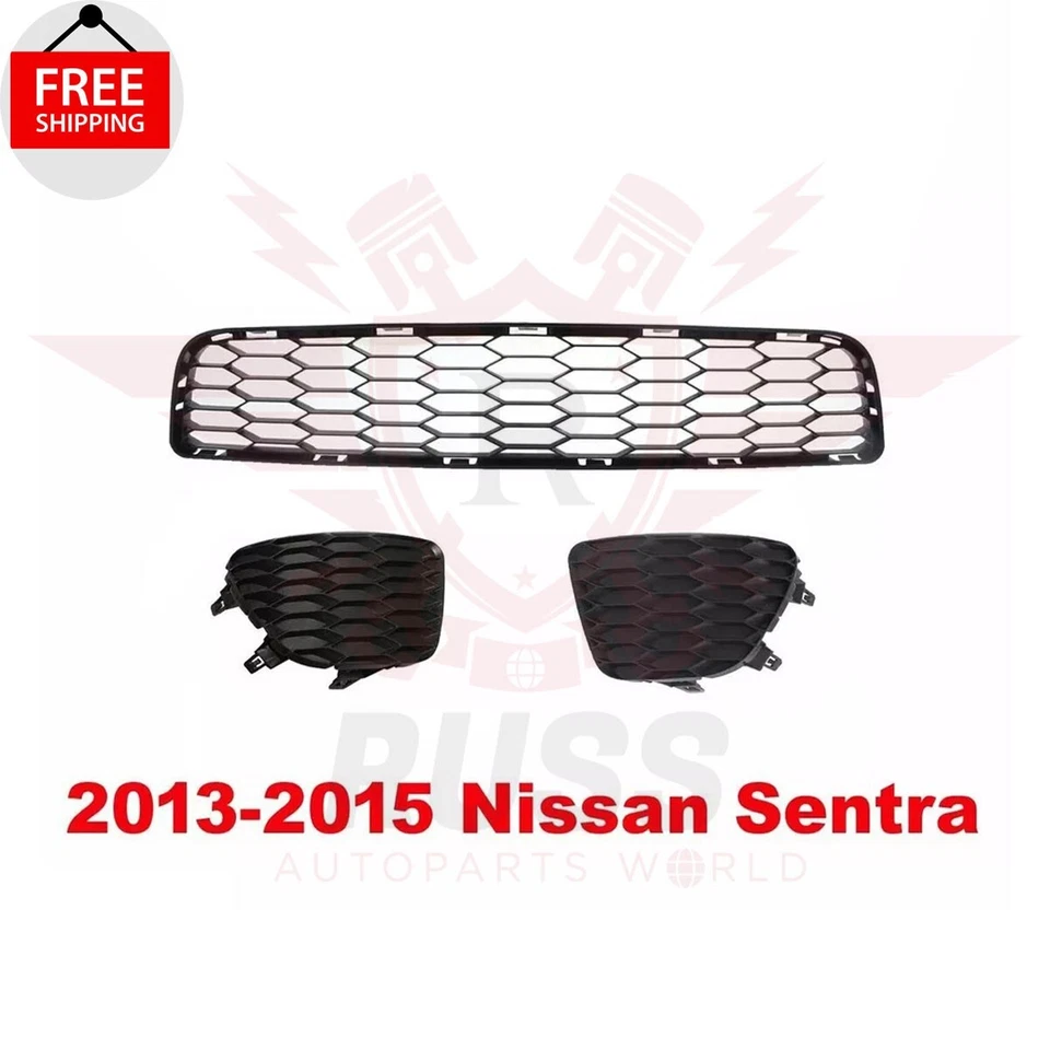 New Front Bumper Grille + Fog Light Cover Trims 3PC Fits 2013-2015 Nissan Sentra - Изображение 2 из 4