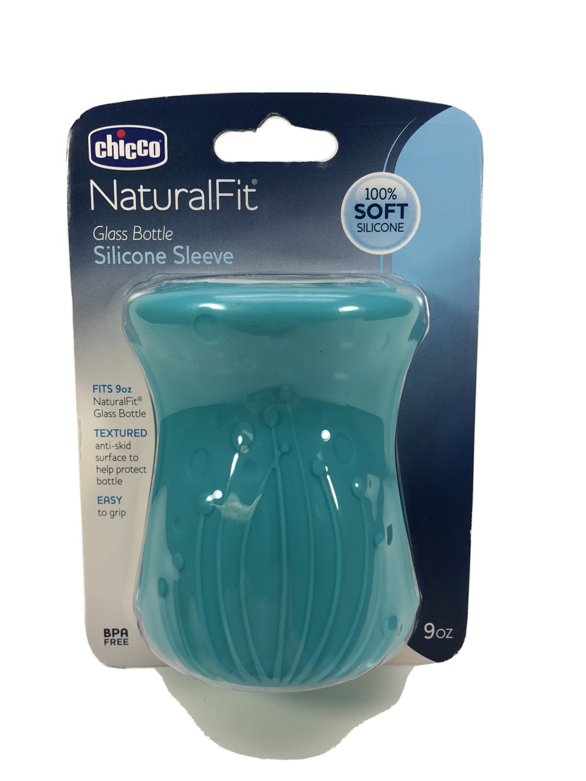 Chicco Naturalfit  Glass Bottle Silicone Sleeve Soft Teal Blue New 9 Oz.