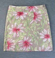Talbots Petites 10P A-line Stretch Skirt Beige w/Pink Flowers Made in USA VTG