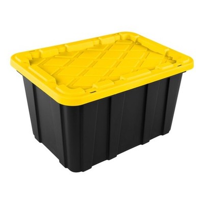Sterilite 27 Gallon Black Industrial Storage Tote with Yellow Lily Lid - 4/Case