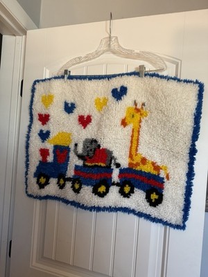 Vintage Latch-Hook Rug Wall Hanging Elephant Giraffe Train Nursery Circus Hearts