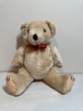 VINTAGE Tan Brown Classic Teddy Bear Plush with Jointed Arms and Legs Red Ribbon