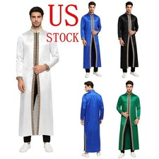 US Mens Muslim Islamic Satiny Robe Front Zip Slit Hem Dress Arab Church Thobe