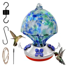 Glass Hummingbird Feeder with Ant Moat 25.4 OZ Large Capacity Hand Blown Glas...