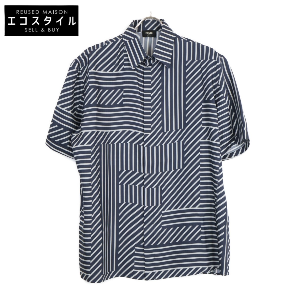 genuine 2023 FENDI FS0795 APQG Silk FF pattern x Stripe S S shirt Top 38 Navy