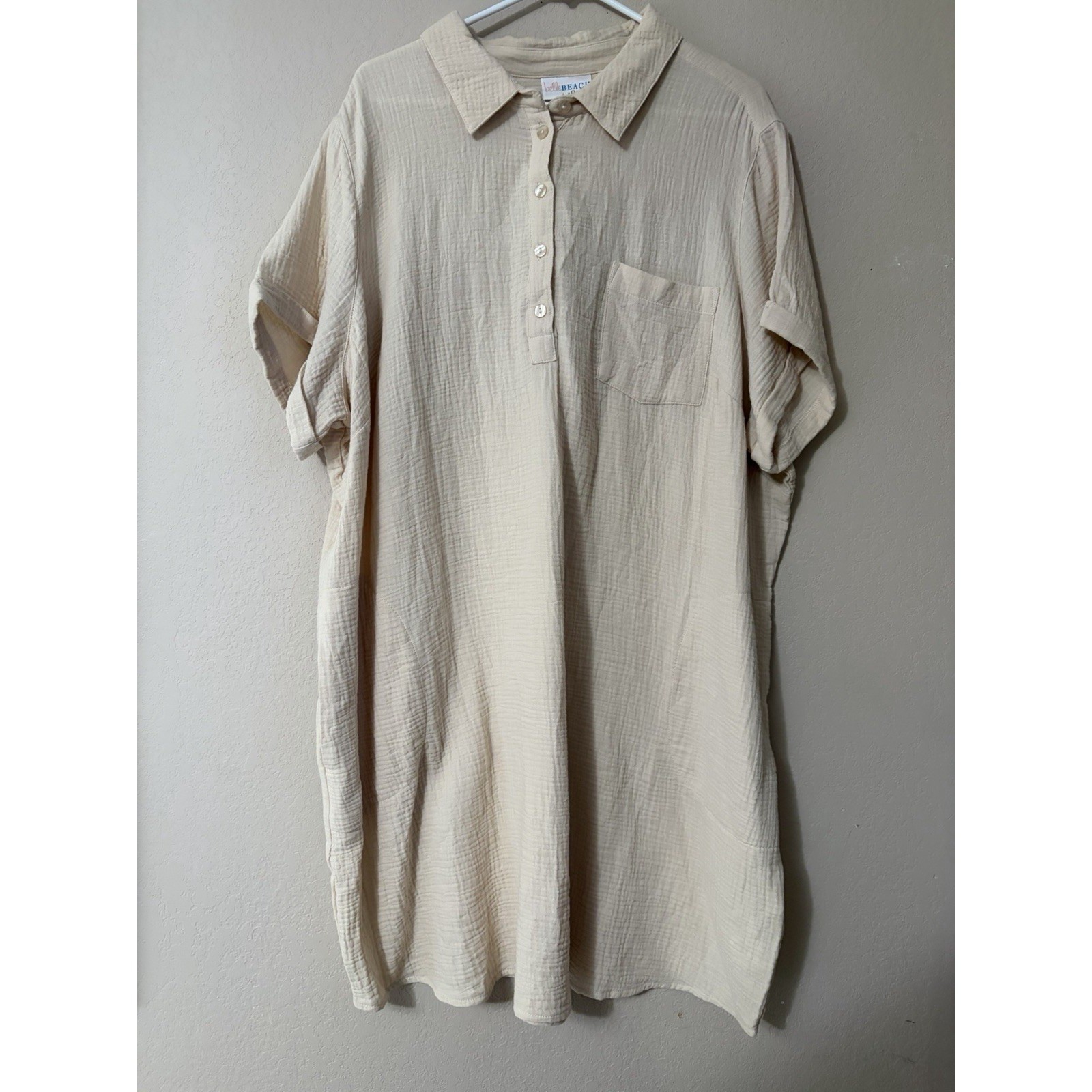 Belle Beach by Kim Gravel Cotton Gauze Polo Shirt Dress Tan Beige Plus 2X