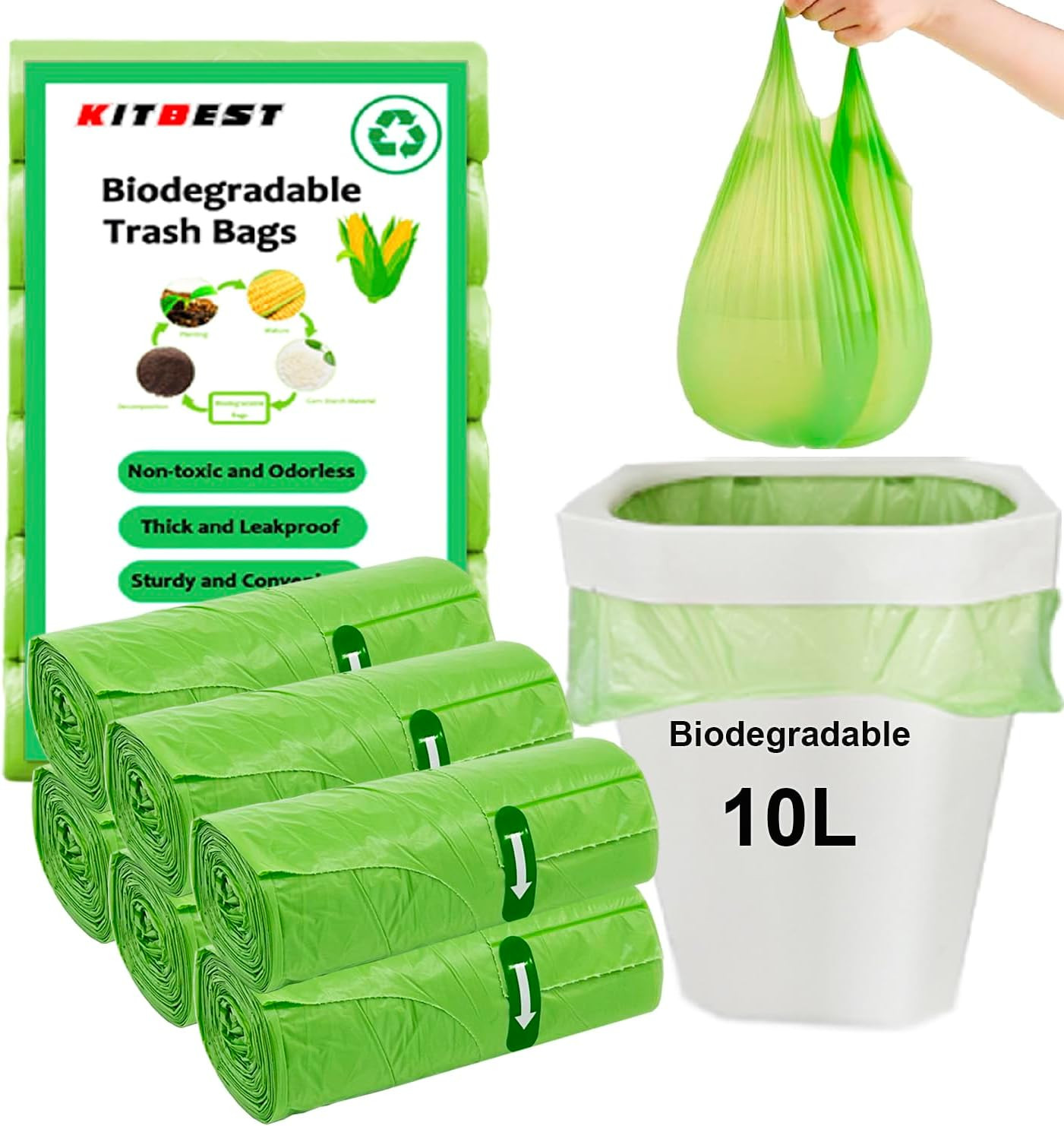 Biodegradable Bin Bags Liners 120PCS, 10L Small Food Waste Trash Bags with Handl