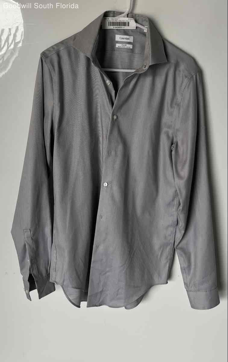 Calvin Klein Mens Gray Steel+ Slim Fit Non-Iron Stretch Dress Shirt Sz 15 34/35