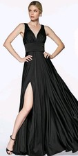 Cinderella Ladivine 7469 - V Neck Satin A-Line Dress Size 16 ,Black .