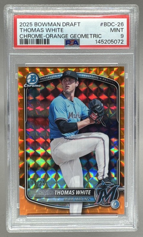 Thomas White 2025 Bowman Draft Orange Geometric Refractor Chrome /25 PSA 9