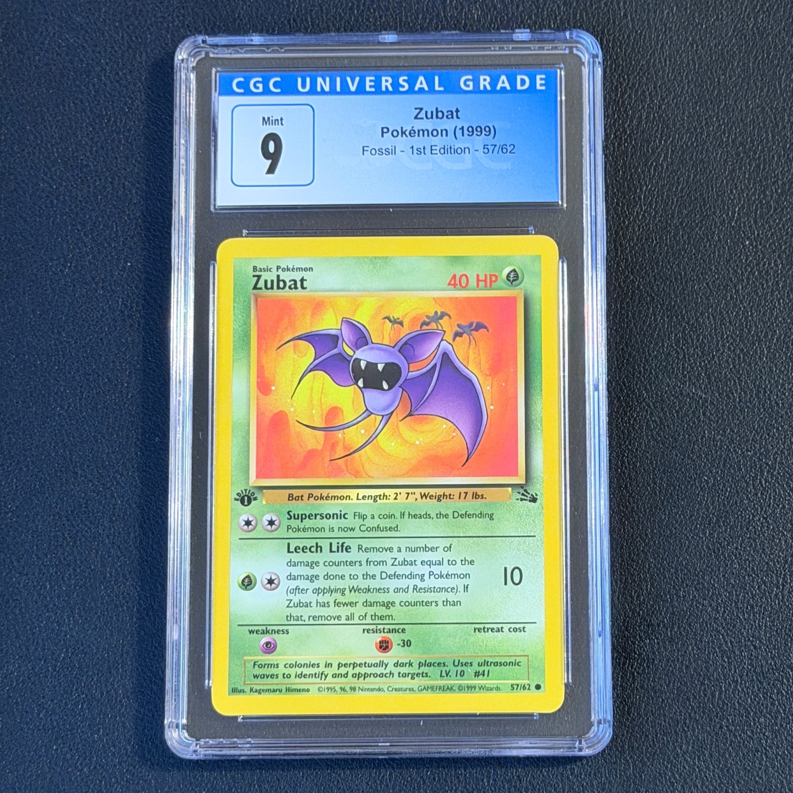 Pokemon Zubat 1st Edition Fossil 57/62 CGC 9 Mint Blue Label TCG 1999 WotC Vtg