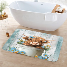 Funny Highland Cow Bath Rugs Mat, Cute Farmhouse Teal Floral Western Wood Animal
