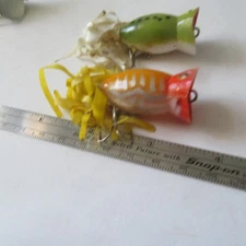 FISHING LURE 2 UNKNOWN 1½"  HULA POPPER TYPE  GREEN COACH-DOG AND YELLOW
