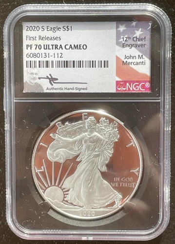 2020-S $1 SILVER AMERICAN EAGLE NGC PF70 First Releases signed MERCANTI : 06492