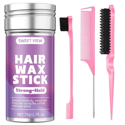 Hair Wax Stick & Slick Back Hair Brush for Tame Flyaways, Frizz, Sleek Ponytails