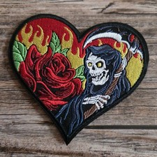 Grim Reaper Fire Rose Tattoo Style Biker Punk Heart 90'S Style Iron On Patch