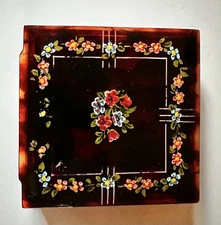 VTG 1940s Hand Painted Floral Tortoise Shell Lucite Powder Compact Mirror L@@K