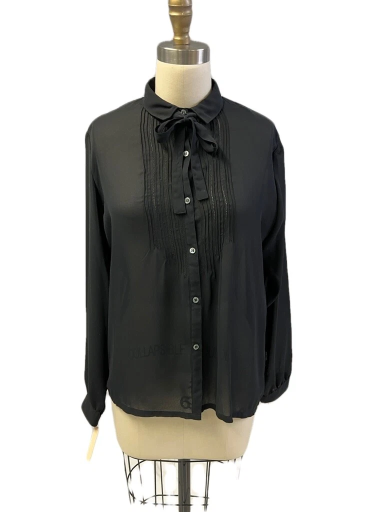Lanvin — Chic Vintage 80s Lanvin Paris Sheer Black Blouse - Elegant Bowtie - Never Worn!