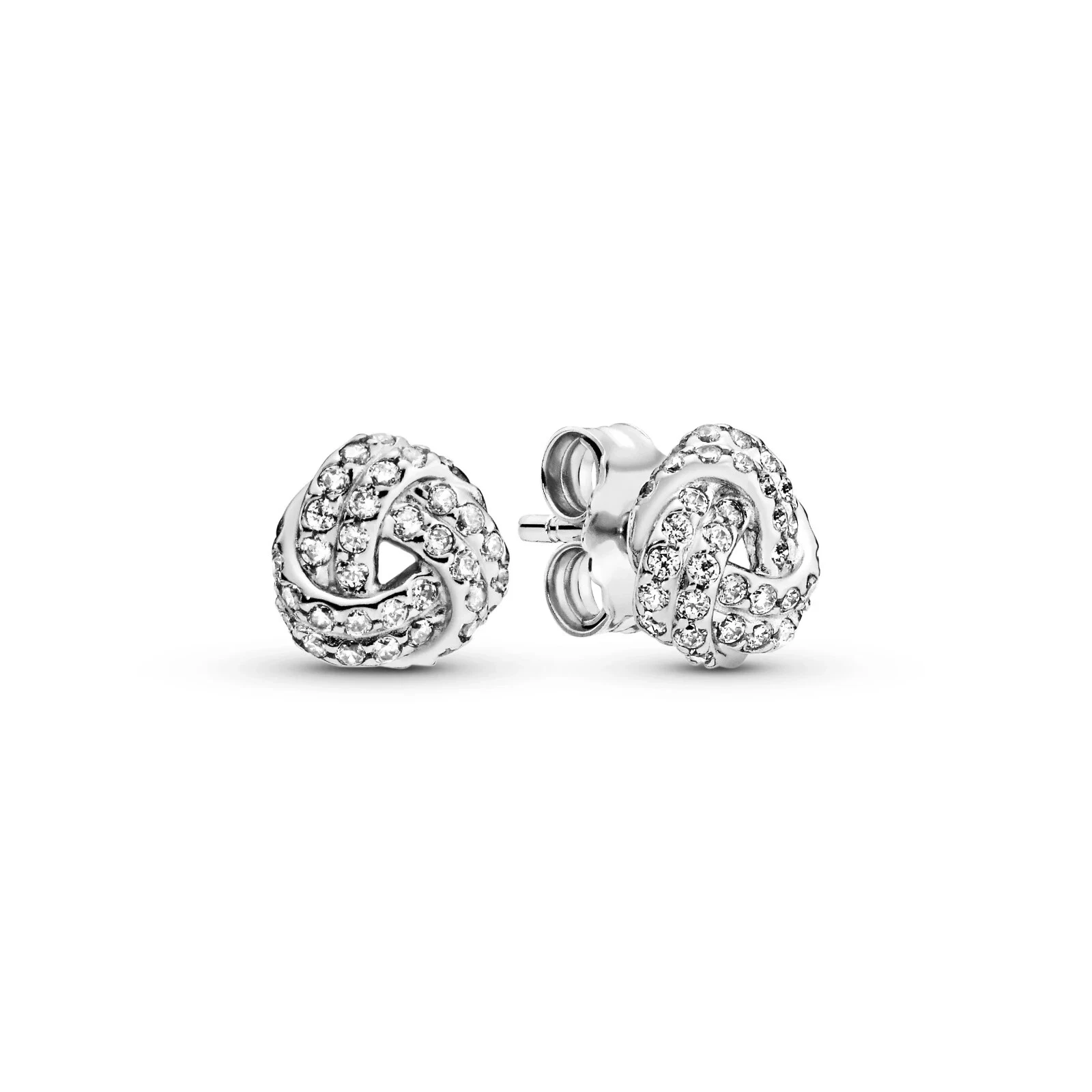Pandora Love knot silver stud earrings with clear cubic zirconia