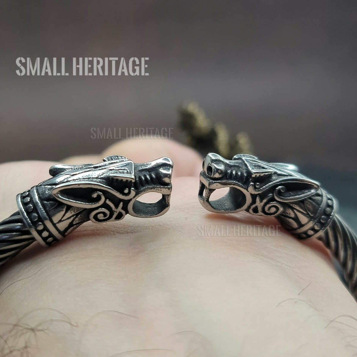 Norse Viking Wolf Head Bracelet – Stainless Steel Braided Cable Cuff For Men