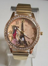 Women's EIFFEL TOWER Rhinestone Stretch Band Gold Finish Fashion Casual Watch