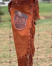 Native American Western Cowboy Hand-Tooled Leather Chaps with Fringes.