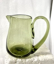 Bubble GLASS GREEN SMALL PITCHER CREAMER Vase 3.5” Vintage
