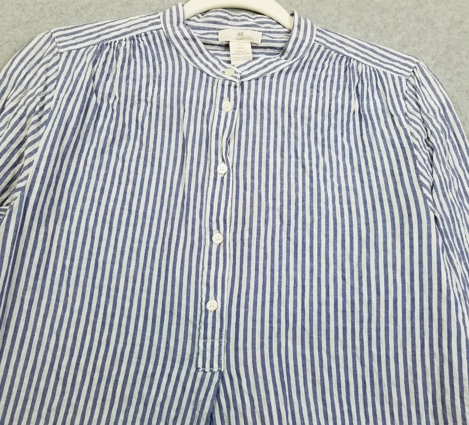 Blusa H&M Top Para Mujer 4 Azul Blanco Rayas Manga Larga Cuello con Bandas Elastizado Foto 2 de 4
