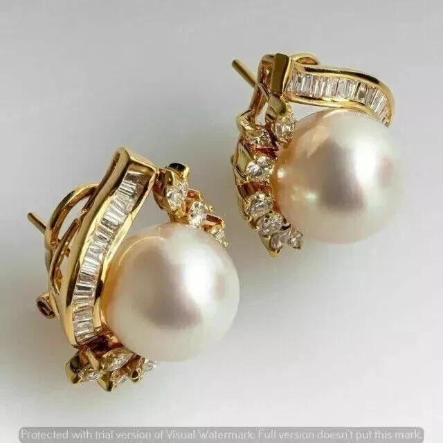 3Ct Round Cut Natural White Pearl Omega Back Stud Earring 14K Yellow Gold Plated - Image 2 of 4