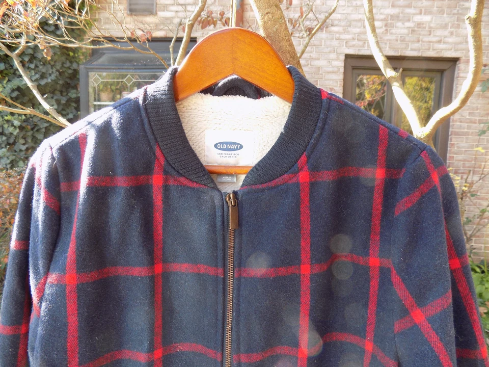 Chaqueta Universitaria Gap De Colección Bombardero Lana a Cuadros Azul Marino Rojo Cremallera Forro Sherpa M Foto 2 de 4