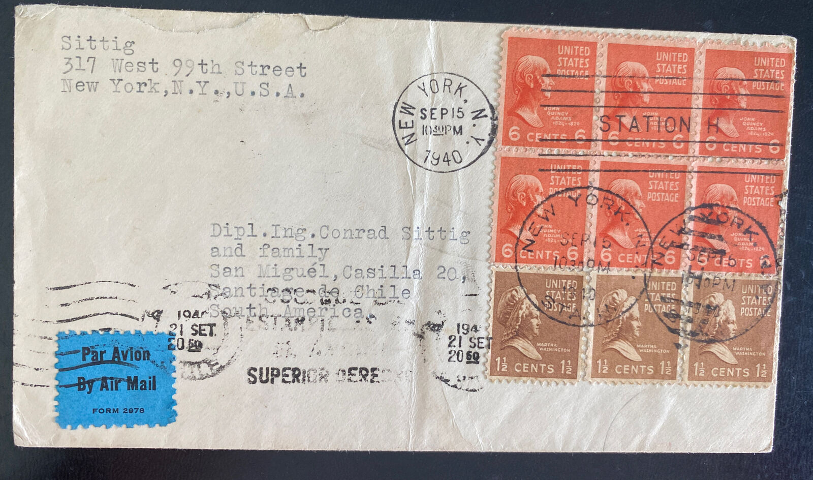 1940 New York USA Airmail Cover To Santiago Chile Tuberculosis Relief Seal