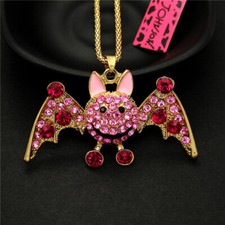 Fashion Women Lovely Pink Crystal Smiling Bat Rhinestone Pendant Chain Necklace