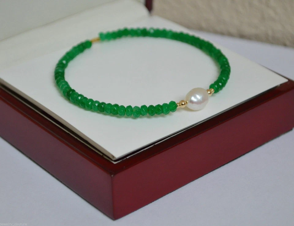 Natural Faceted Green Emerald South Sea Pearl 14K Yellow Gold Bangle Bracelet - Image 2 of 4