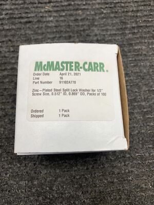 New Lot of 90 McMaster Carr Zinc Plated Split Lock Washers, .512'' ID, .869'' OD