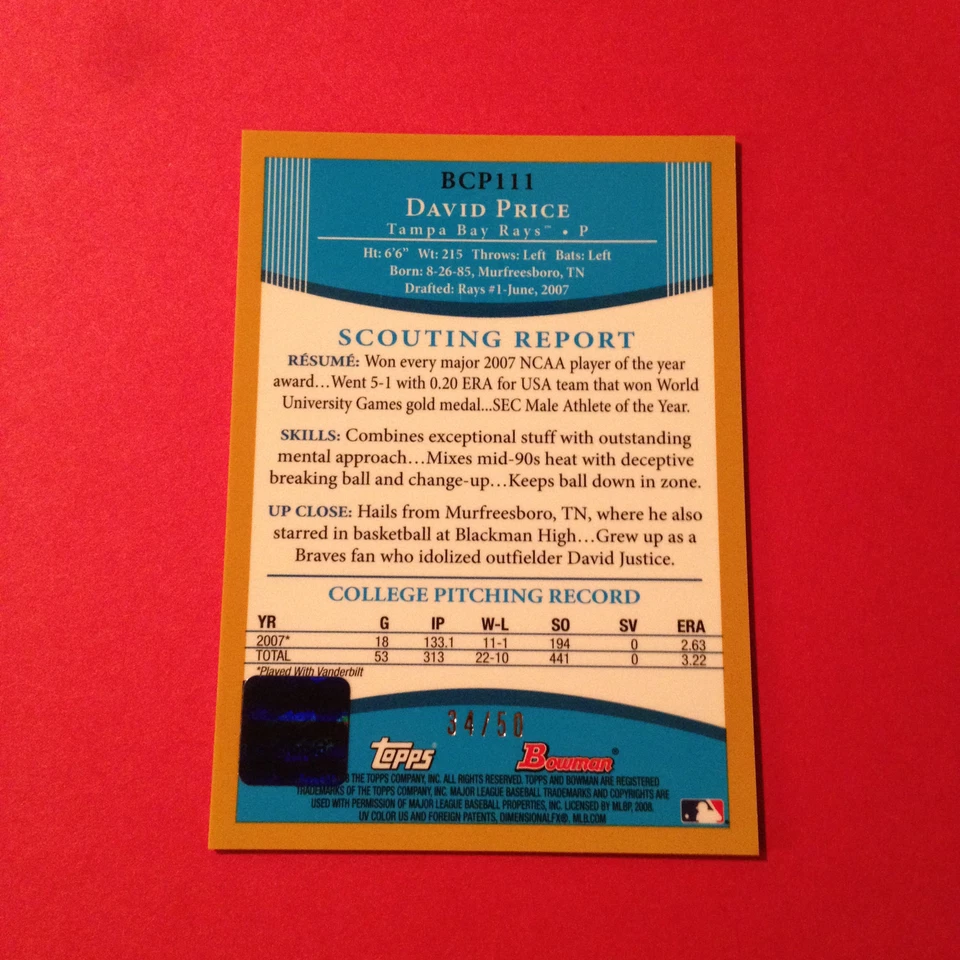 David Price 2008 Bowman Chrome Auto Rookie Gold Ref 34/50 QUASE PERFEITO-ESTADO PERFEITO! FRETE GRÁTIS - Imagem 3 de 4