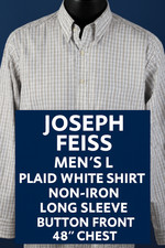 Joseph Feiss Men  s L Plaid White Shirt Non  Iron Long Sleeve Button Front 48"