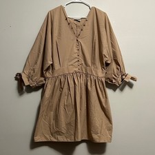 ASOS Camel Babydoll Mini Dress Puff Sleeve Button Front Boho Cottagecore Size 16