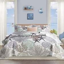 3 Piece Coastal Quilt Sets King Size - Reversible Microfiber Quilts with 2 Sh...