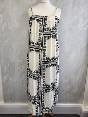 M&S elfenbein & schwarz gemustert Leinenmischung Sommer Midikleid Träger Größe 10.PWM