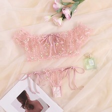 Embroidered Bra Set Women's Sheer Floral Wire Free Soft Comfort 2 Piece