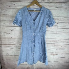 Gap Chambray Button Front Dress Sz 12 Tall Blue Short Sleeve Linen Blend Preppy