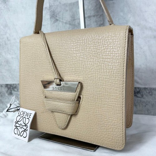 LOEWE Barcelona Logo Embossed Leather Handbag Off White Top Handle Women