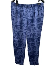 Halston Pants 18W Blue Pull On Slim Leg Ankle Silky Satin Casual Printed