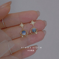 925 Sterling Silver Moonstone Planet Sun Crystals Gold Stud Earrings Jewellery
