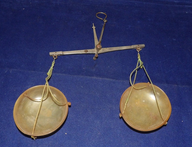 Antique apothecary travel scale silver metal 6" cross bar celluloid bowls