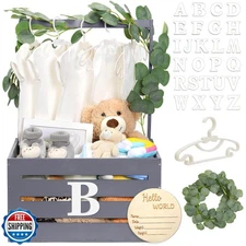 Barydat Wooden Baby Shower Crate Closet Basket with Handle Baby Announcement 