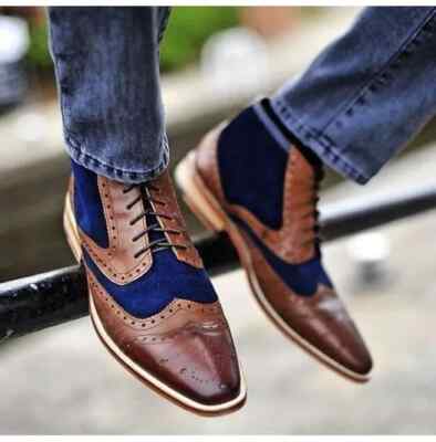 Men Two Tone Wingtip Brogue Ankle Boot Brown And Navy Blue Casual Boots 
