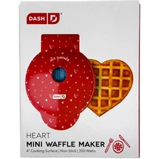 Dash Mini Heart Waffle Maker Red 4" Nonstick 350W Easy Clean Compact Kitchen Kit