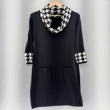 Sandra Darren Retro Sweater Dress Cowl Neck Houndstooth Pockets Black SZ Large